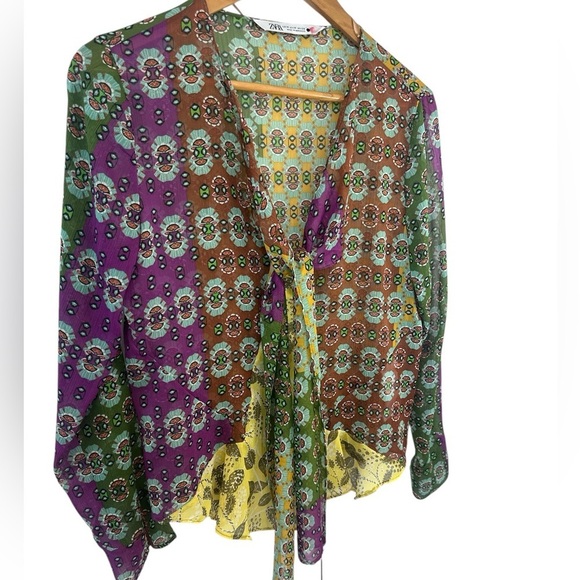 Zara Zodiac Printed Tie Front Sheer Blouse - Picture 3 of 8